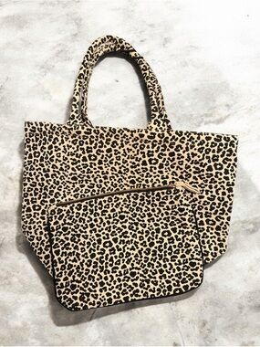 Leopard Print Canvas Tote Bag with Matching Pouch - Beige/Black